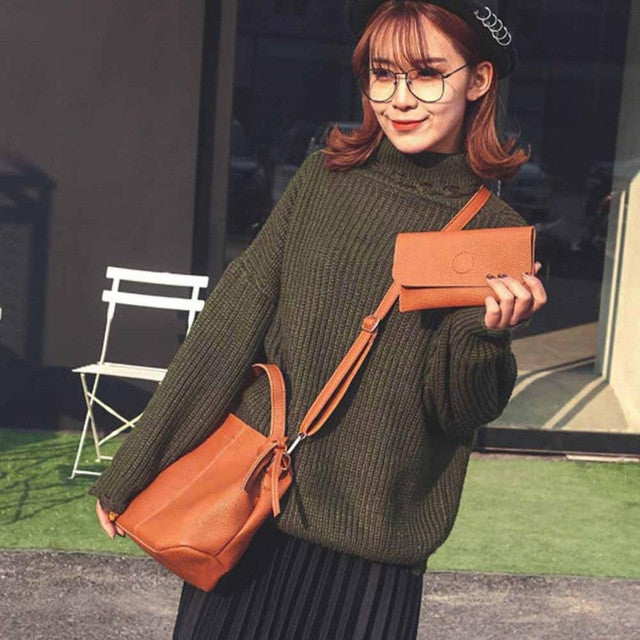 Xiniu 2 Pcs Women Bags Leather Litchi Stria Shoulder Bag+Clutch Wallet Ladies Phone Bag baobao portefeuille femme #LREW