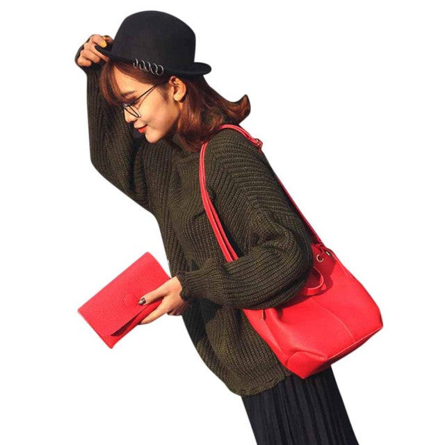Xiniu 2 Pcs Women Bags Leather Litchi Stria Shoulder Bag+Clutch Wallet Ladies Phone Bag baobao portefeuille femme #LREW